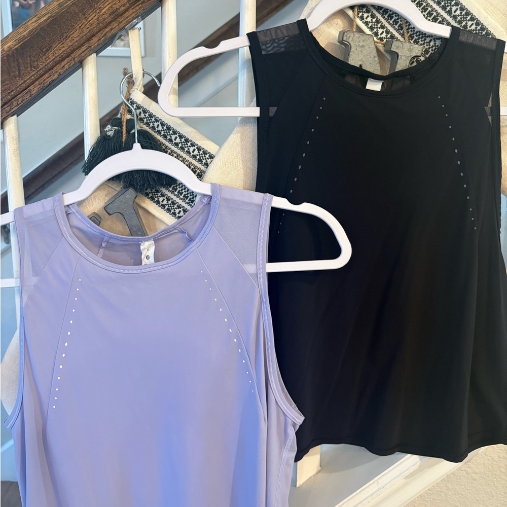 Lululemon Sculpt Cropped Black and Lavender Tank Tops